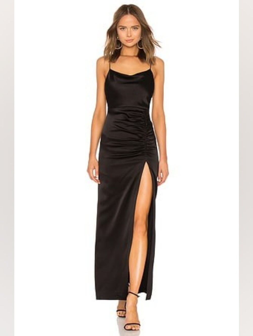 Popular 21 Black Satin Cowl Neck Ruched Maxi Dress High Slit Size Small